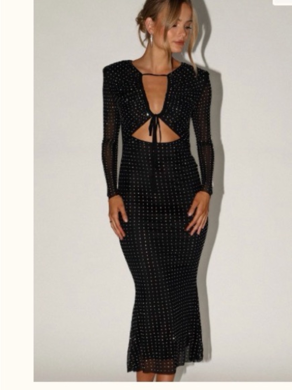 Black Long Sleeve Mesh Cutout Midi Dress with Tie Front